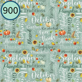 Textured fabric with autumnal words and pumpkins on a teal background